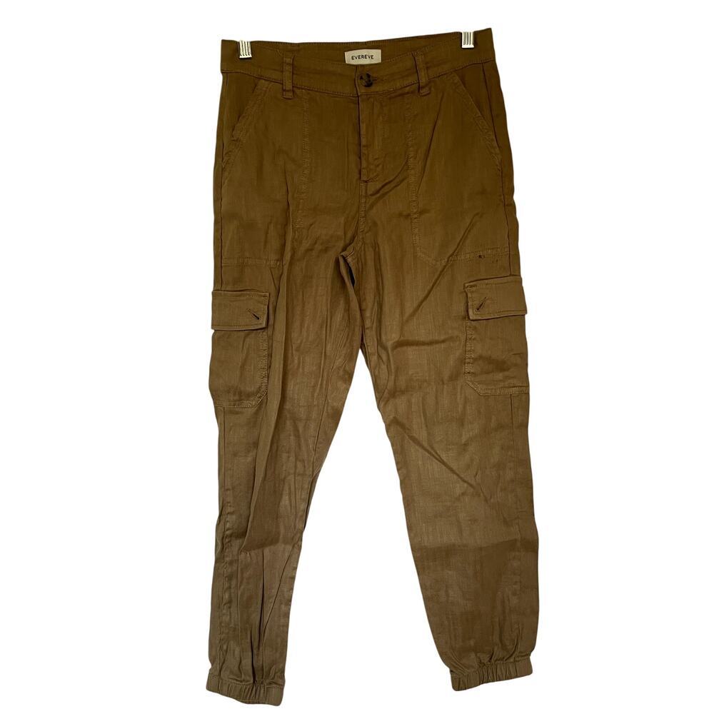 Evereve brown cargo pants women's size 28 linen trousers pockets stain flaw